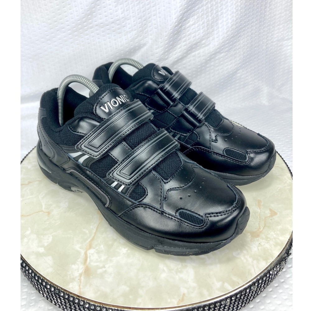 Vionic Black Leather & Mesh Dual-Velcro Sneakers